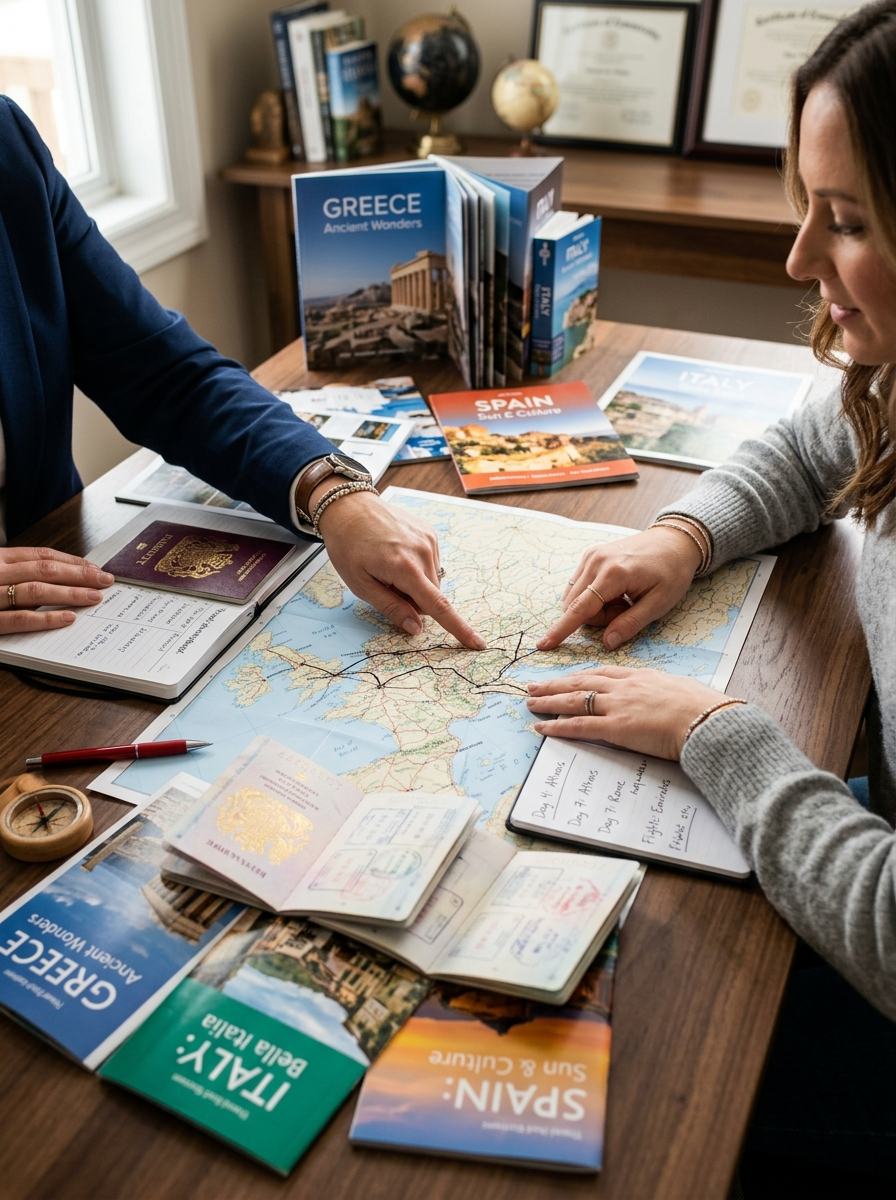 Travel consultant planning an itinerary with a client, maps and passports on the table